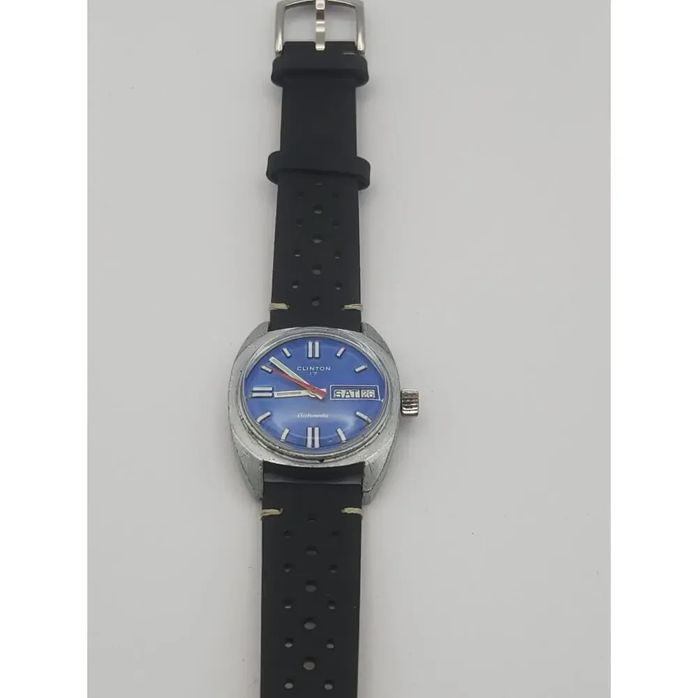 Clinton Watch Men Automatic Vintage 17 Jewels WR Day Date Blue, New Band